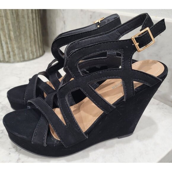 Top Moda Black Faux Suede Strappy Wedge Sandals Size 6.5 - Picture 4 of 10